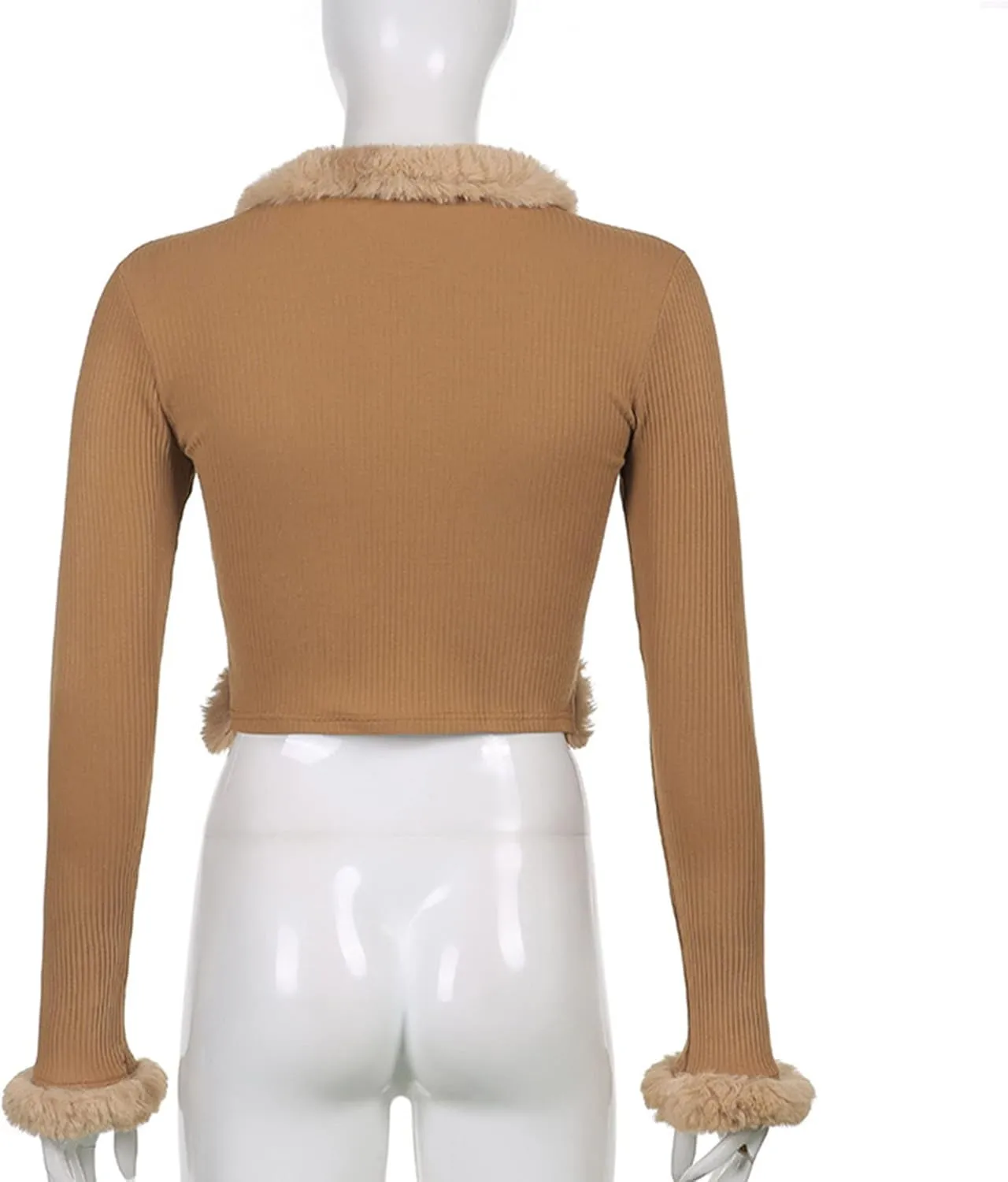 Women Y2K Long Sleeve Tie Front Blouse Fluffy Trim Collar Cuff Faux Fur Blouse
