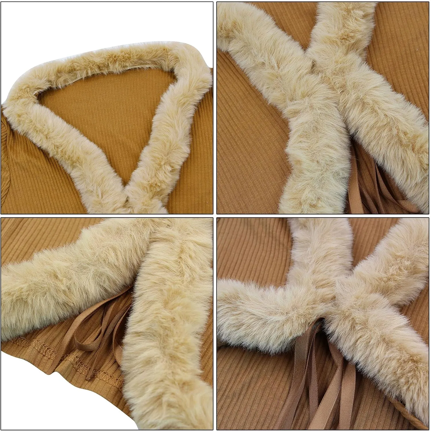 Women Y2K Long Sleeve Tie Front Blouse Fluffy Trim Collar Cuff Faux Fur Blouse