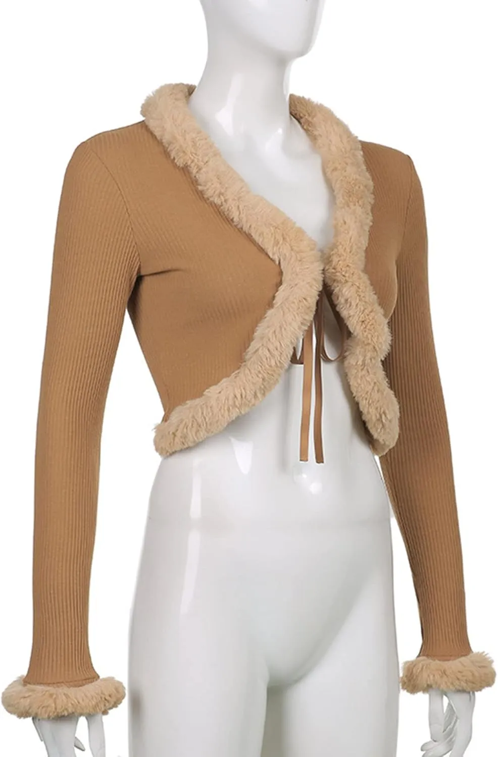 Women Y2K Long Sleeve Tie Front Blouse Fluffy Trim Collar Cuff Faux Fur Blouse