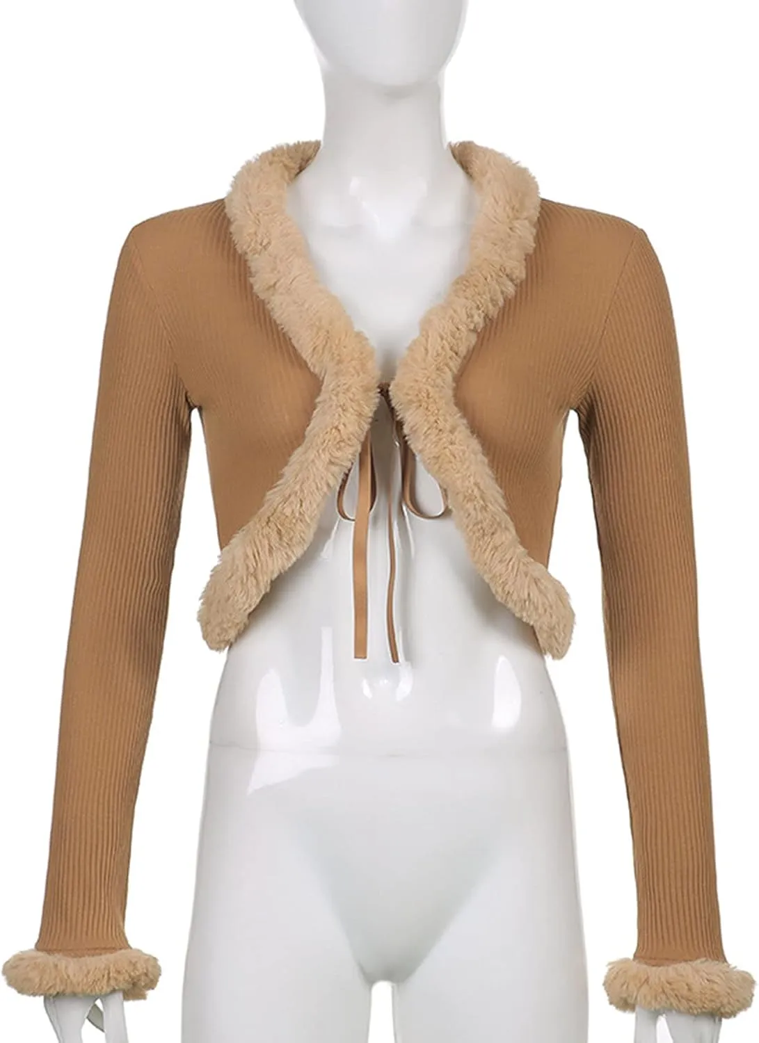 Women Y2K Long Sleeve Tie Front Blouse Fluffy Trim Collar Cuff Faux Fur Blouse