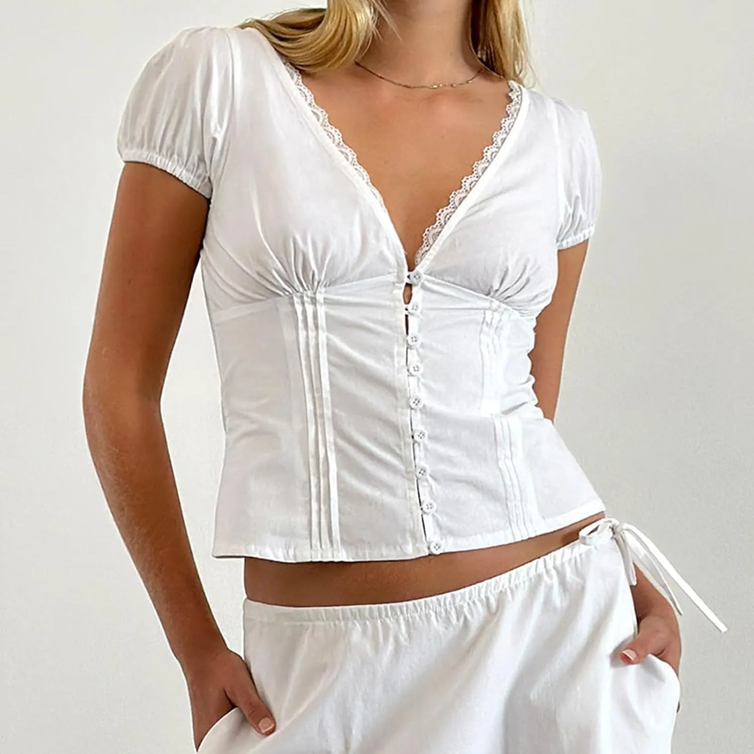 Women Y2K Plaid Button Down Shirt Coquette Short Sleeve V Neck Blouses Top Vintage Preppy Crop Shirt Tops