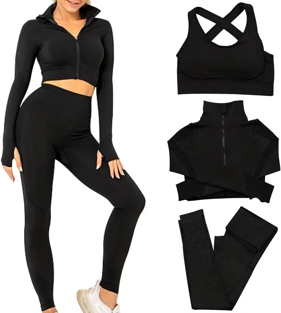 Women's 3pcs Seamless Workout Outfits Sets, Yoga Sportswear Tracksuit Leggings and Stretch Sports Bra Fitness