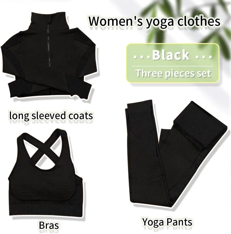 Women's 3pcs Seamless Workout Outfits Sets, Yoga Sportswear Tracksuit Leggings and Stretch Sports Bra Fitness