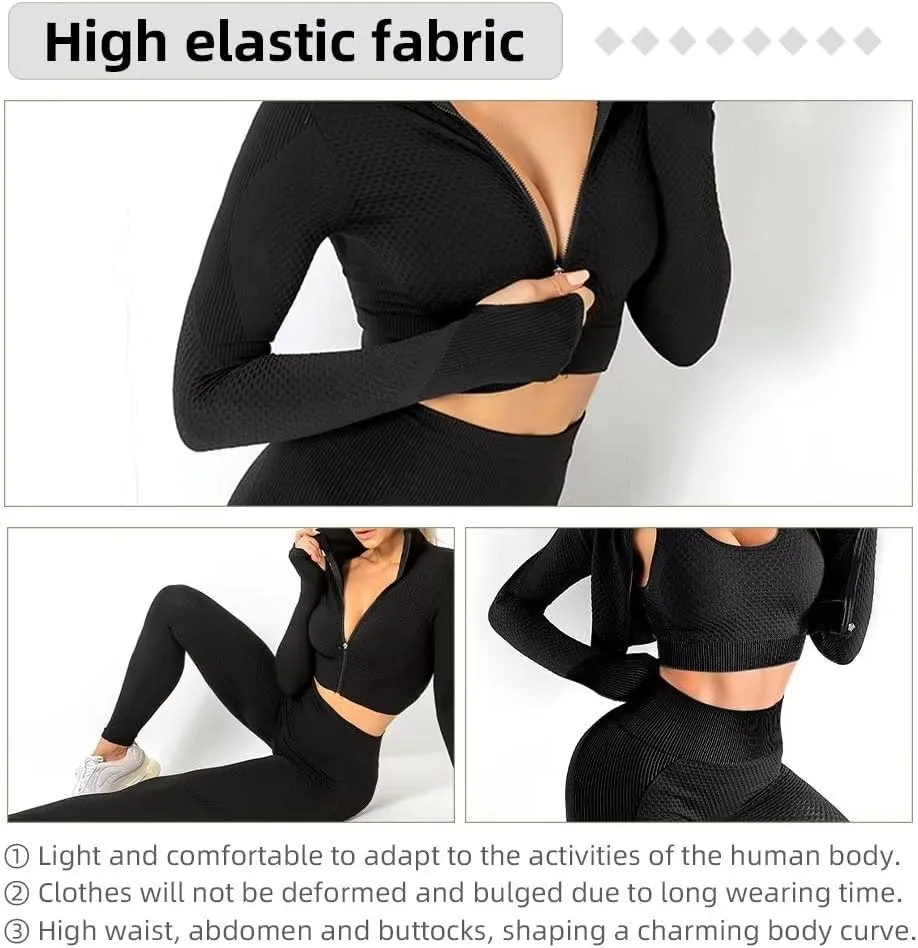 Women's 3pcs Seamless Workout Outfits Sets, Yoga Sportswear Tracksuit Leggings and Stretch Sports Bra Fitness