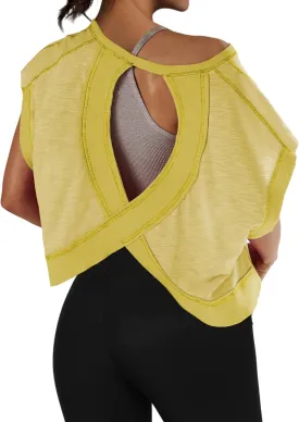 Womens Backless Thin Workout Crop Tops Cutout Back Sports T-Shirts Exercise Blouse Tee Top Athletic Gym Yoga Shirt