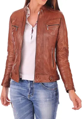 Women's Lambskin Leather Moto Biker Jacket - Winter Wear