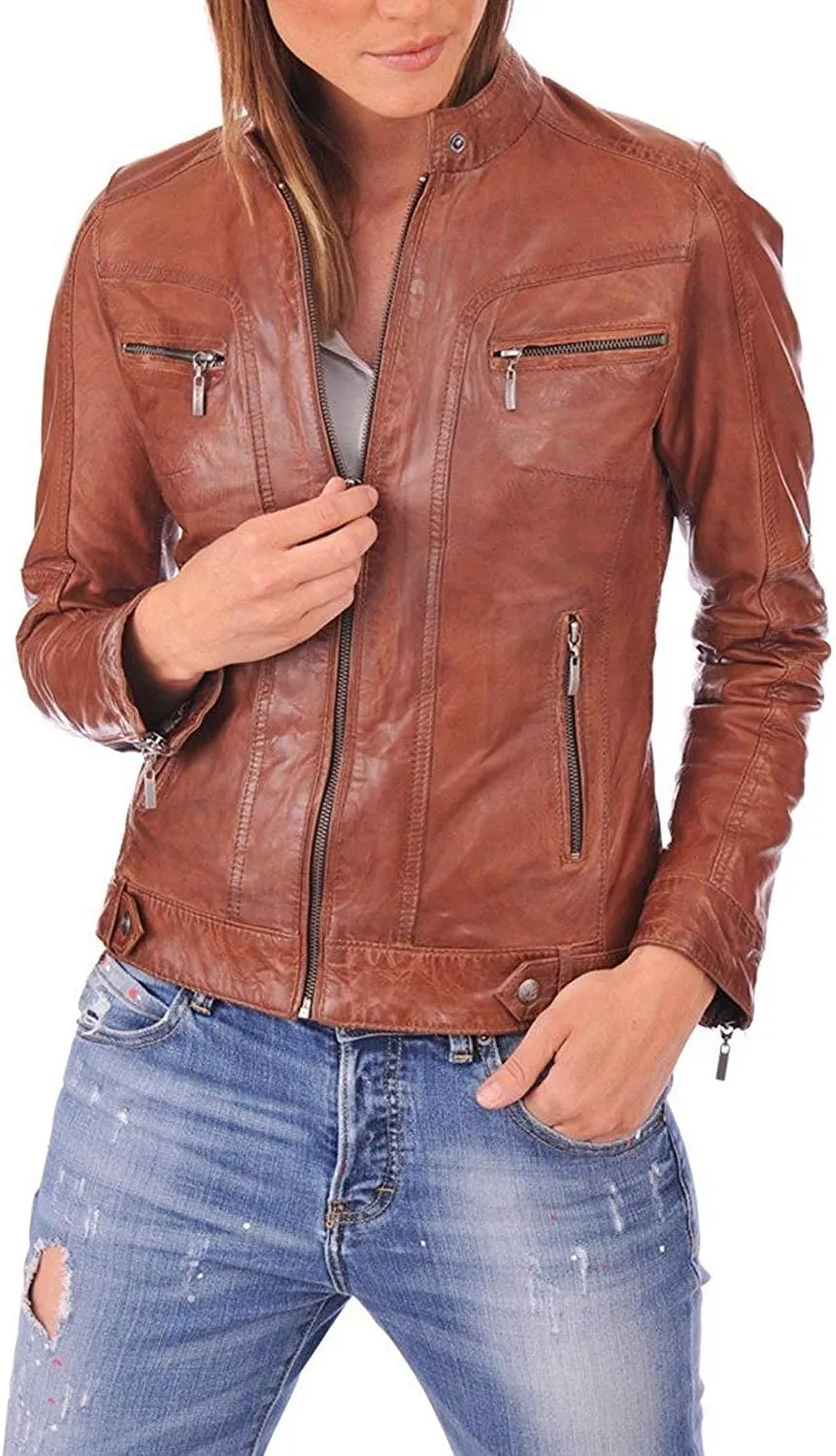 Women's Lambskin Leather Moto Biker Jacket - Winter Wear