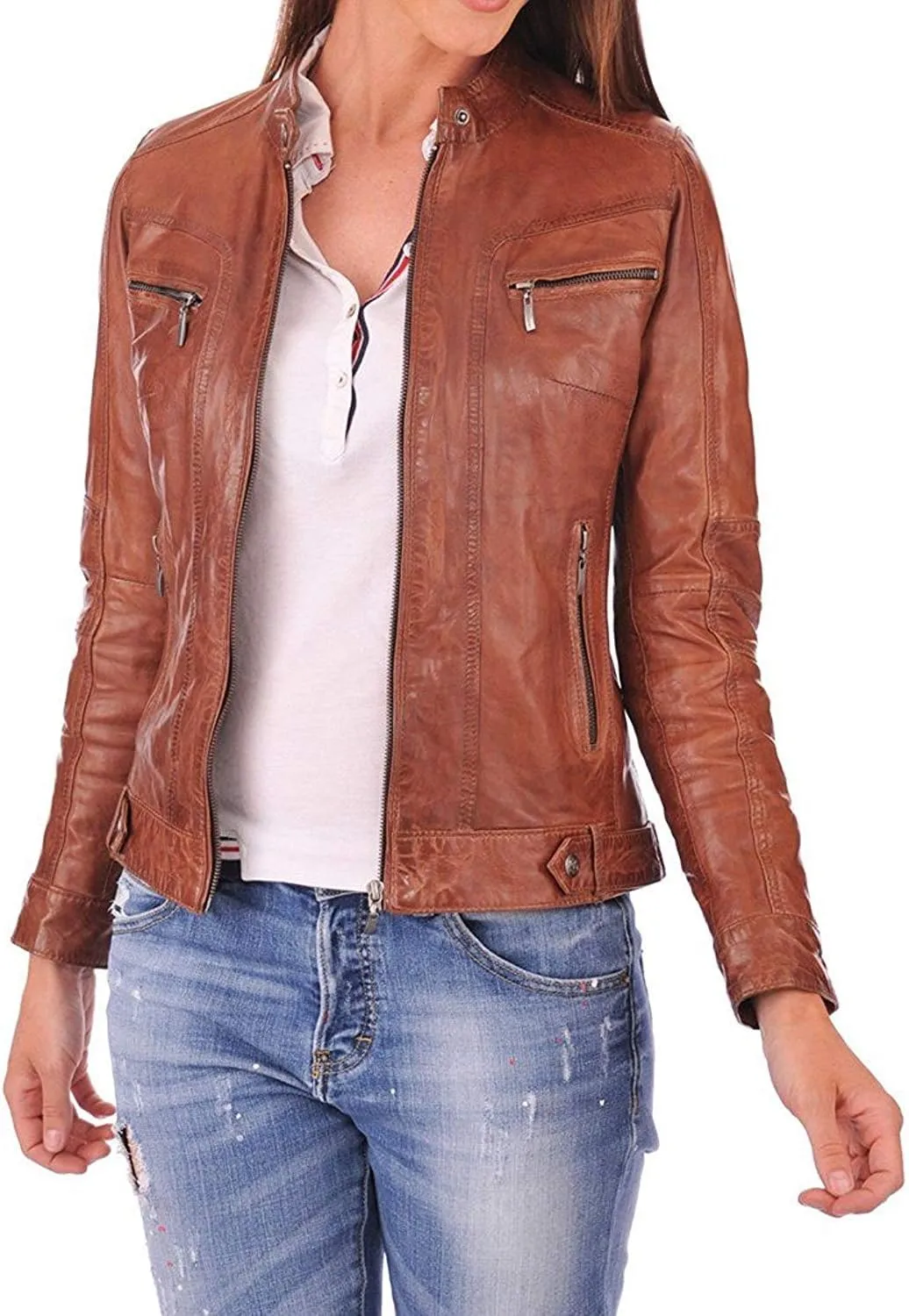 Women's Lambskin Leather Moto Biker Jacket - Winter Wear