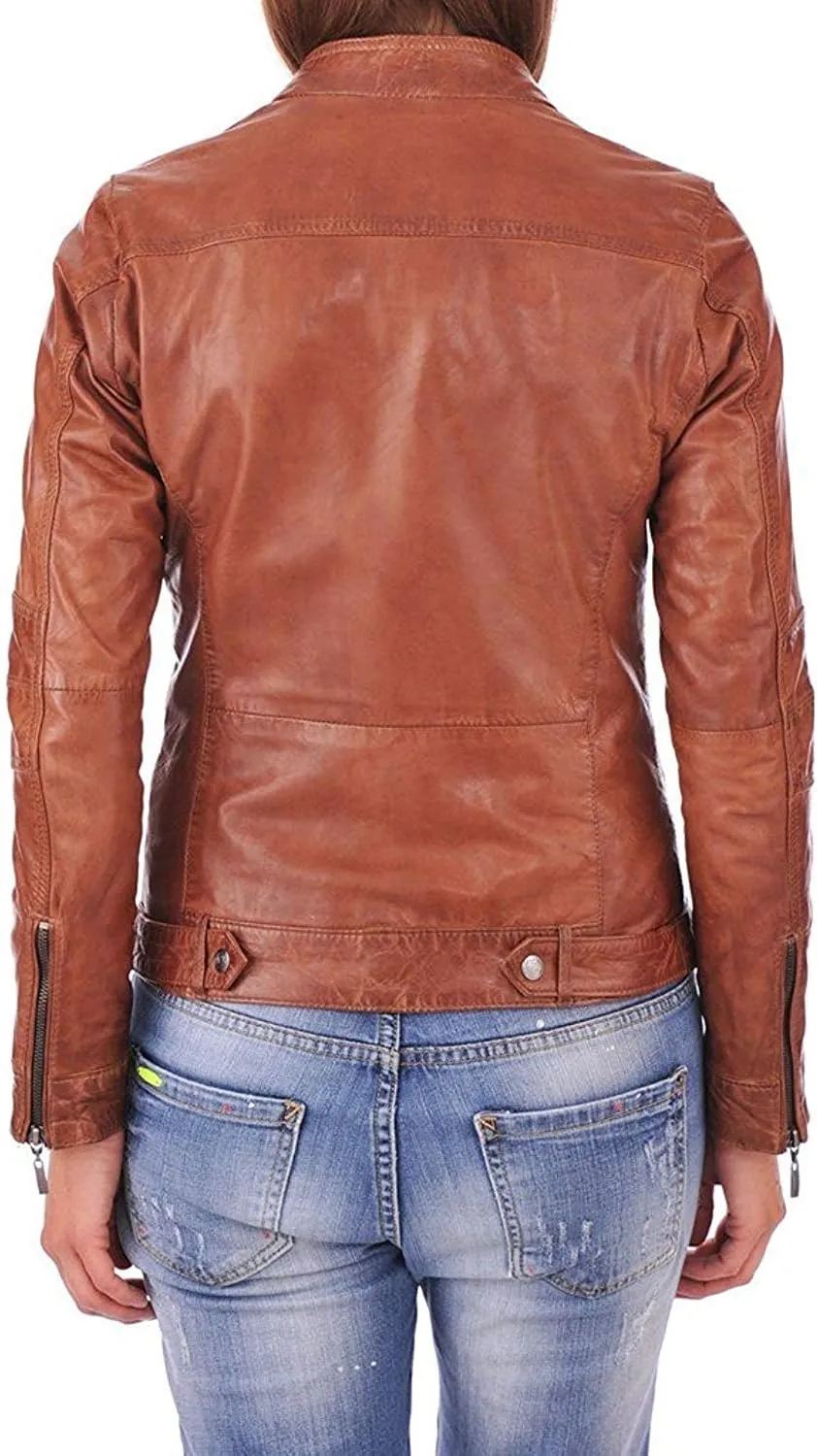 Women's Lambskin Leather Moto Biker Jacket - Winter Wear