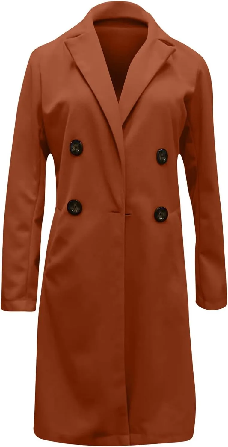Womens Long Blazers Wool Blend Double Breasted Jackets Fall Winter Basic Warm Outwear Casual Work Office Lapel Coats