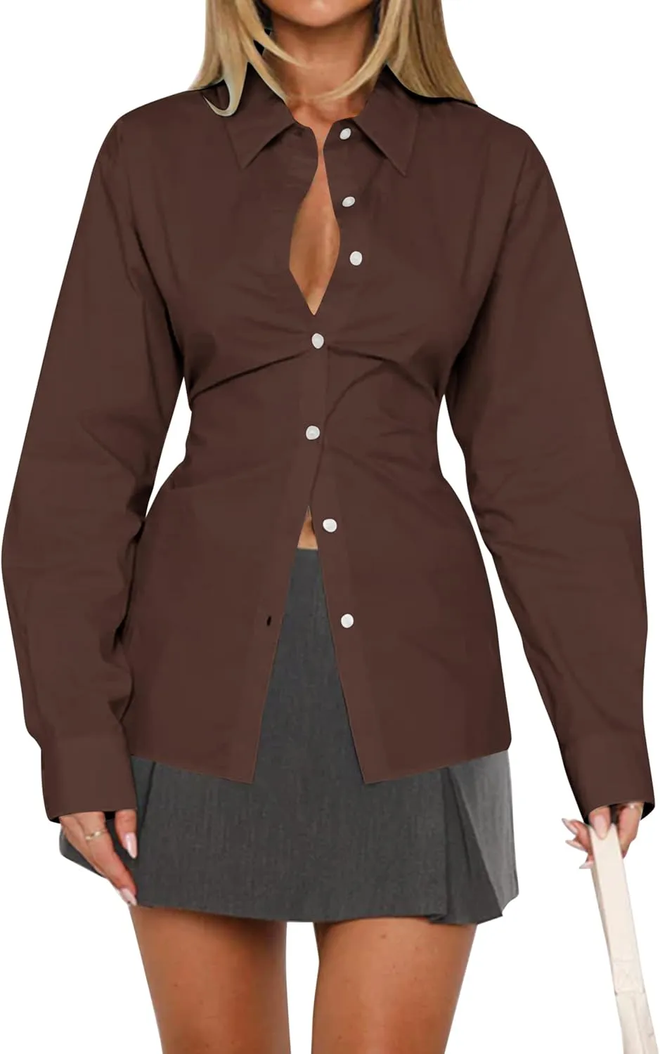 Womens Long Sleeve Button Down Shirt Tie Back Lapel Collar Blouse Work Casual Dressy Lightweight Tunic Shirt
