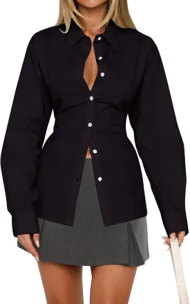 Womens Long Sleeve Button Down Shirt Tie Back Lapel Collar Blouse Work Casual Dressy Lightweight Tunic Shirt