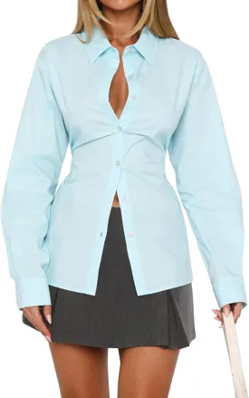 Womens Long Sleeve Button Down Shirt Tie Back Lapel Collar Blouse Work Casual Dressy Lightweight Tunic Shirt