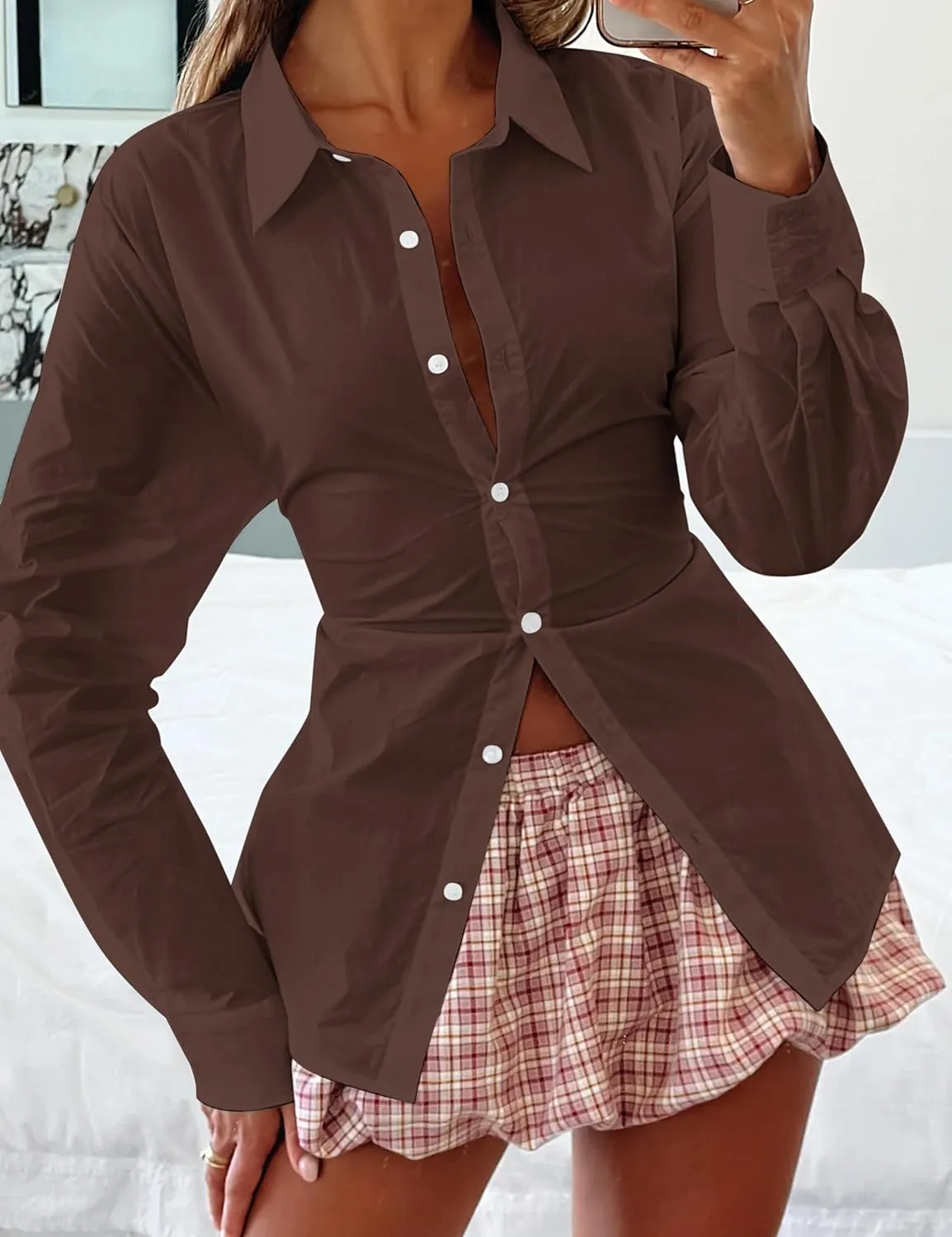 Womens Long Sleeve Button Down Shirt Tie Back Lapel Collar Blouse Work Casual Dressy Lightweight Tunic Shirt