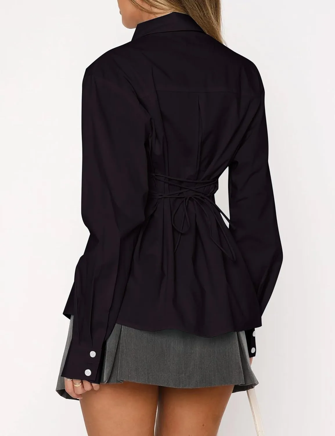 Womens Long Sleeve Button Down Shirt Tie Back Lapel Collar Blouse Work Casual Dressy Lightweight Tunic Shirt
