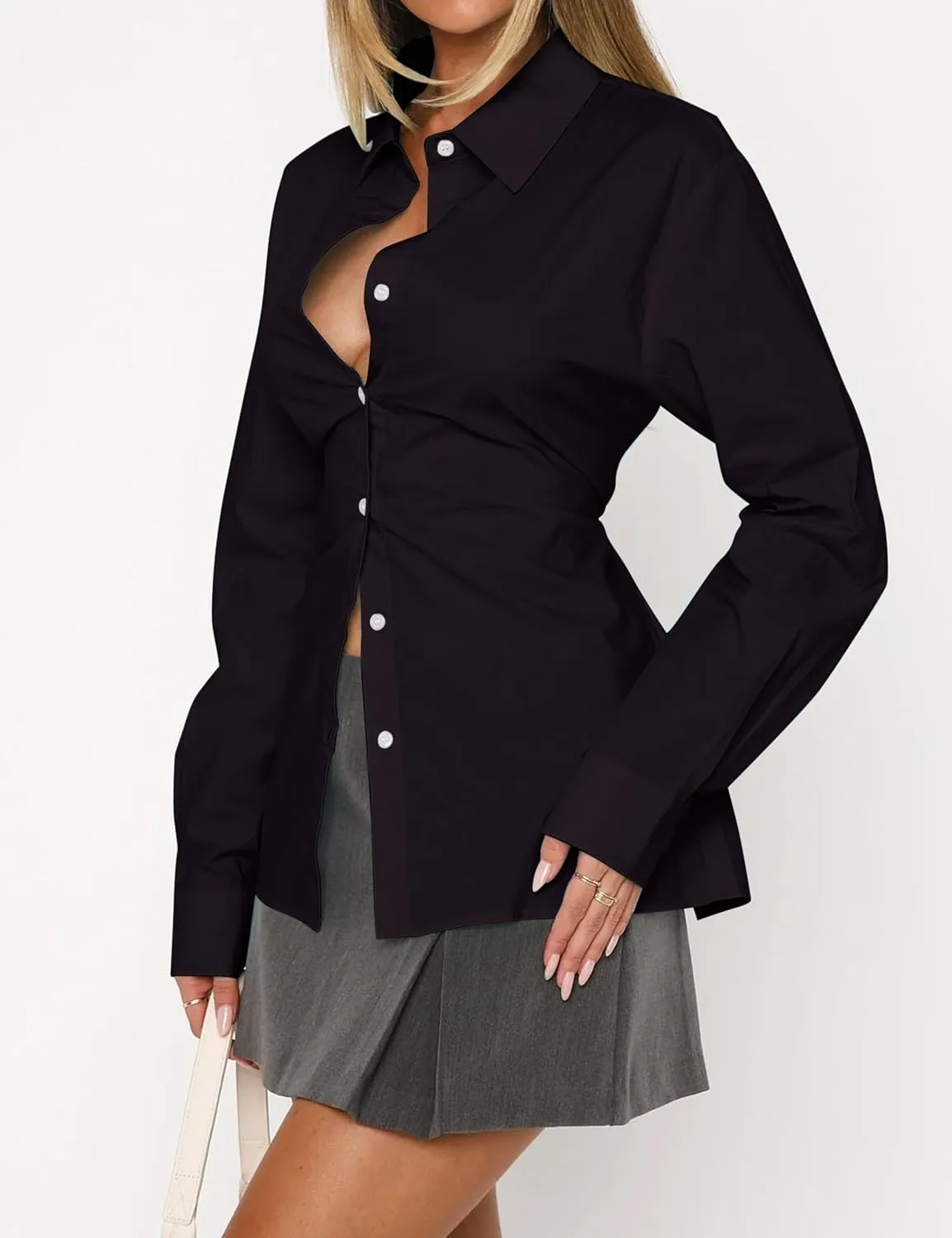 Womens Long Sleeve Button Down Shirt Tie Back Lapel Collar Blouse Work Casual Dressy Lightweight Tunic Shirt