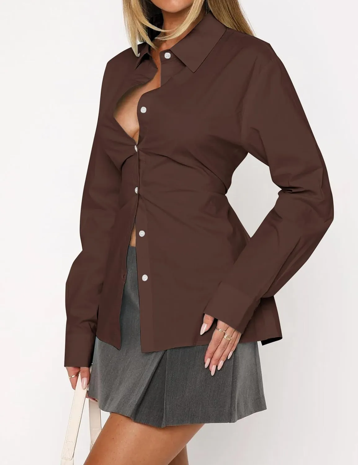 Womens Long Sleeve Button Down Shirt Tie Back Lapel Collar Blouse Work Casual Dressy Lightweight Tunic Shirt