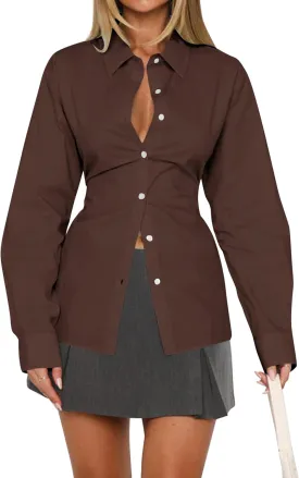 Womens Long Sleeve Button Down Shirt Tie Back Lapel Collar Blouse Work Casual Dressy Lightweight Tunic Shirt