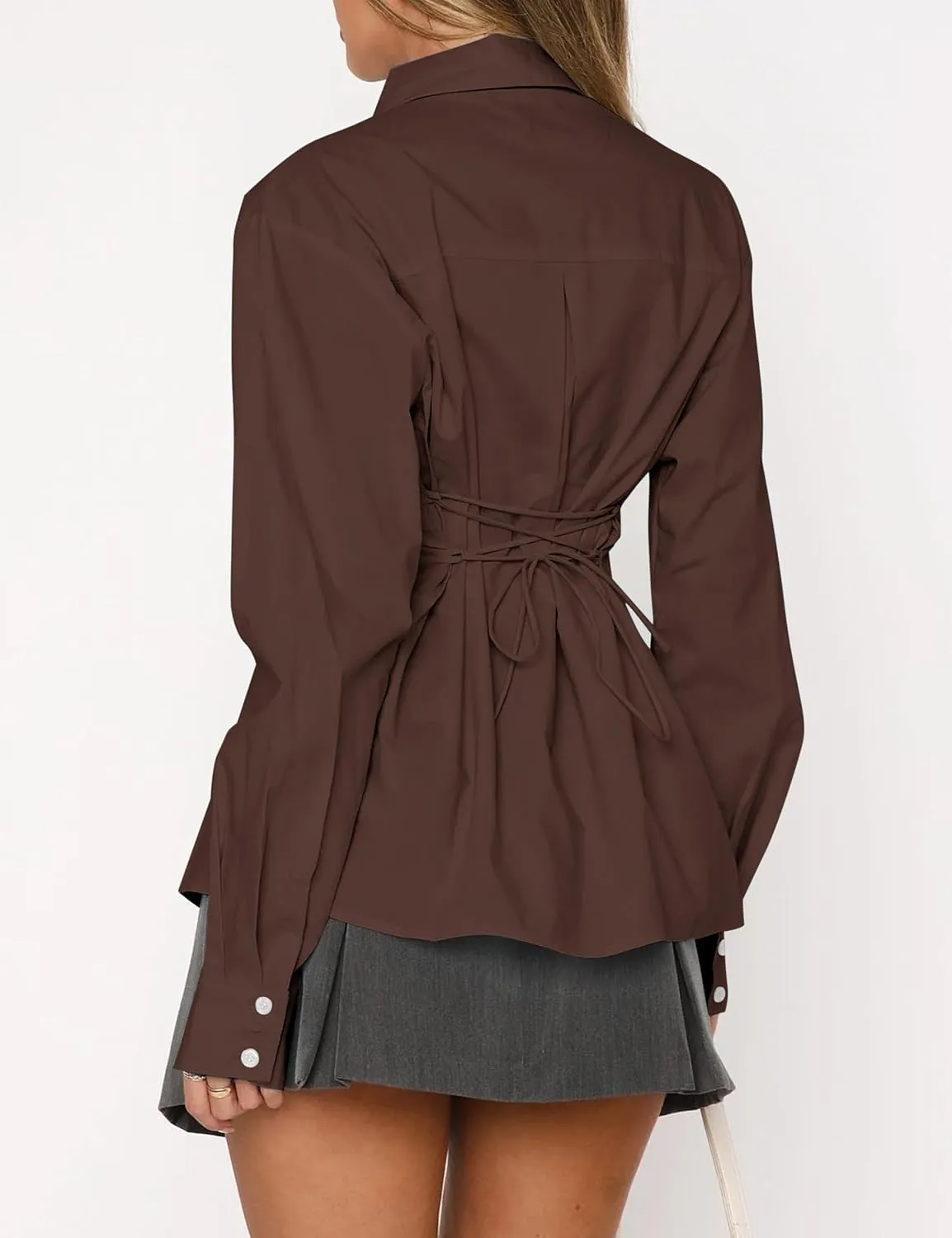 Womens Long Sleeve Button Down Shirt Tie Back Lapel Collar Blouse Work Casual Dressy Lightweight Tunic Shirt