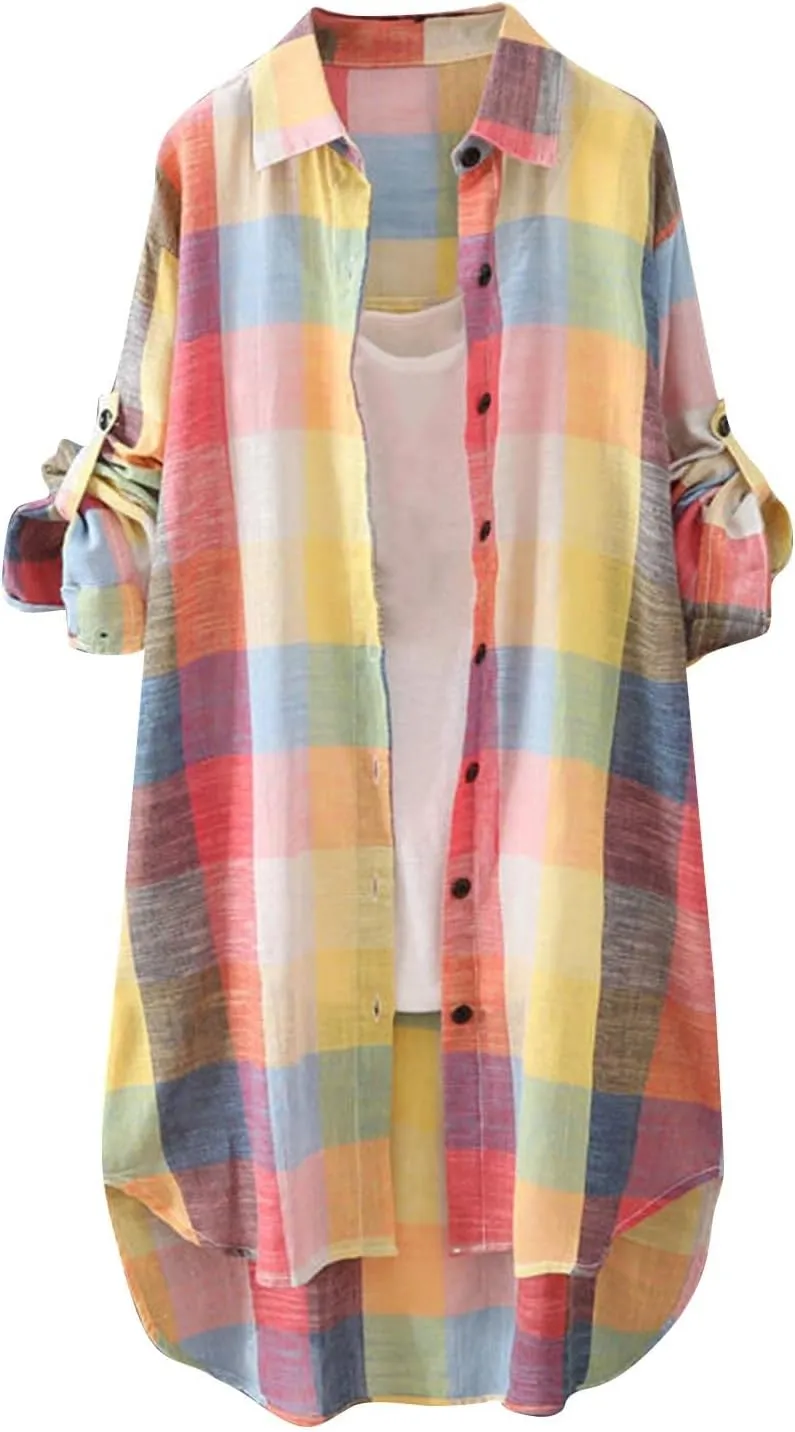 Womens Oversized Button Down Plaid Shacket Shirt with Pockets Roll Up Long Sleeve Casual Boyfriend Tunic Blouse Top