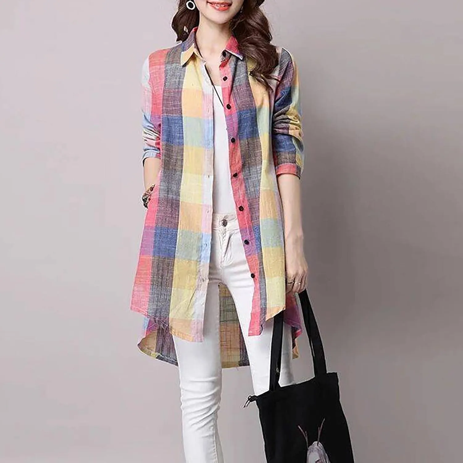 Womens Oversized Button Down Plaid Shacket Shirt with Pockets Roll Up Long Sleeve Casual Boyfriend Tunic Blouse Top