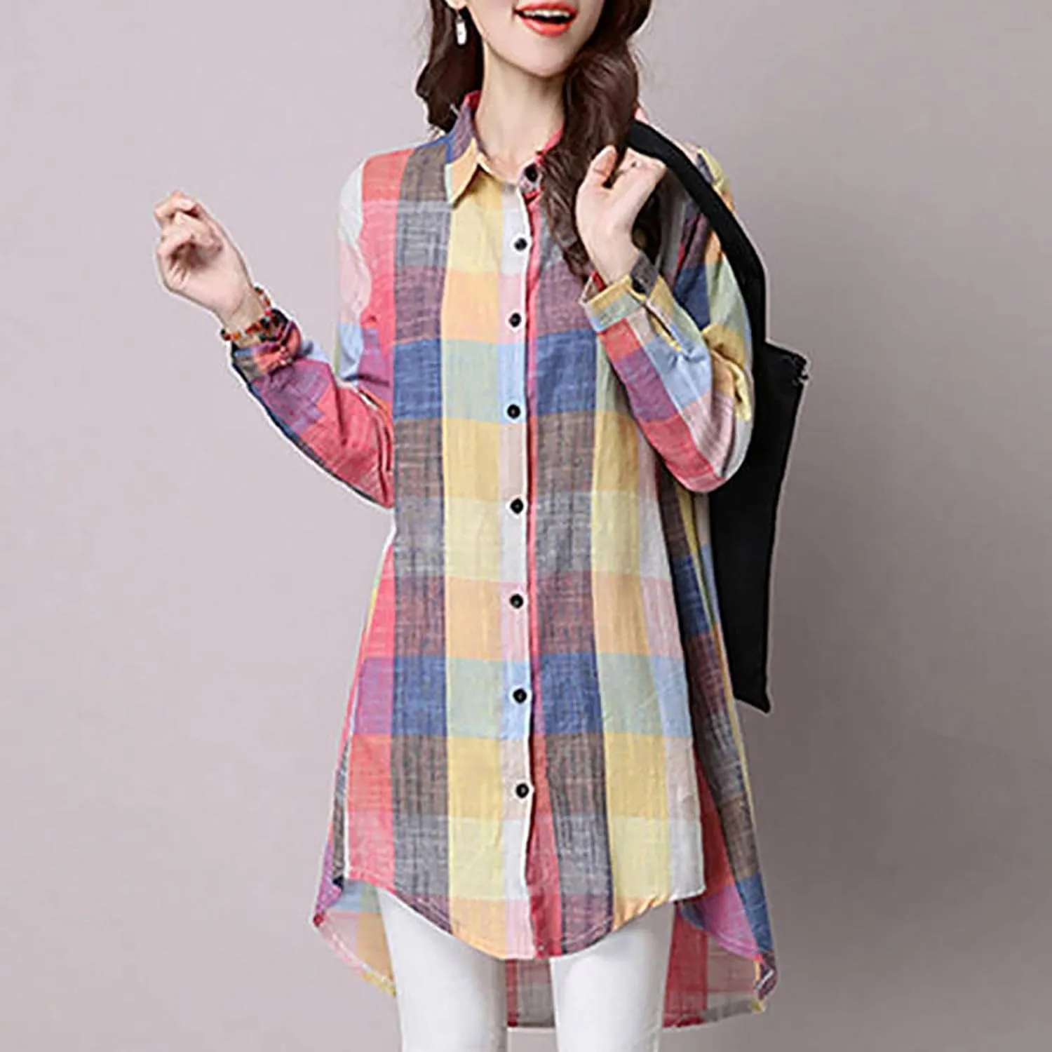 Womens Oversized Button Down Plaid Shacket Shirt with Pockets Roll Up Long Sleeve Casual Boyfriend Tunic Blouse Top