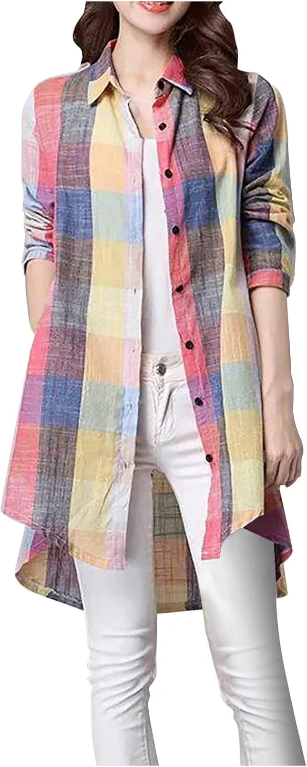 Womens Oversized Button Down Plaid Shacket Shirt with Pockets Roll Up Long Sleeve Casual Boyfriend Tunic Blouse Top