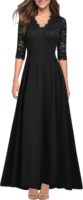 Women's V Neck Lace Vintage Formal Bridesmaid Wedding Long Dress