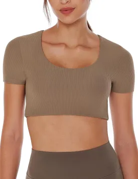 Women's Workout Crop Tops Yoga Short Sleeve Ribbed Fitted Mild Support Cream Feeling T Shirts Built in Bra