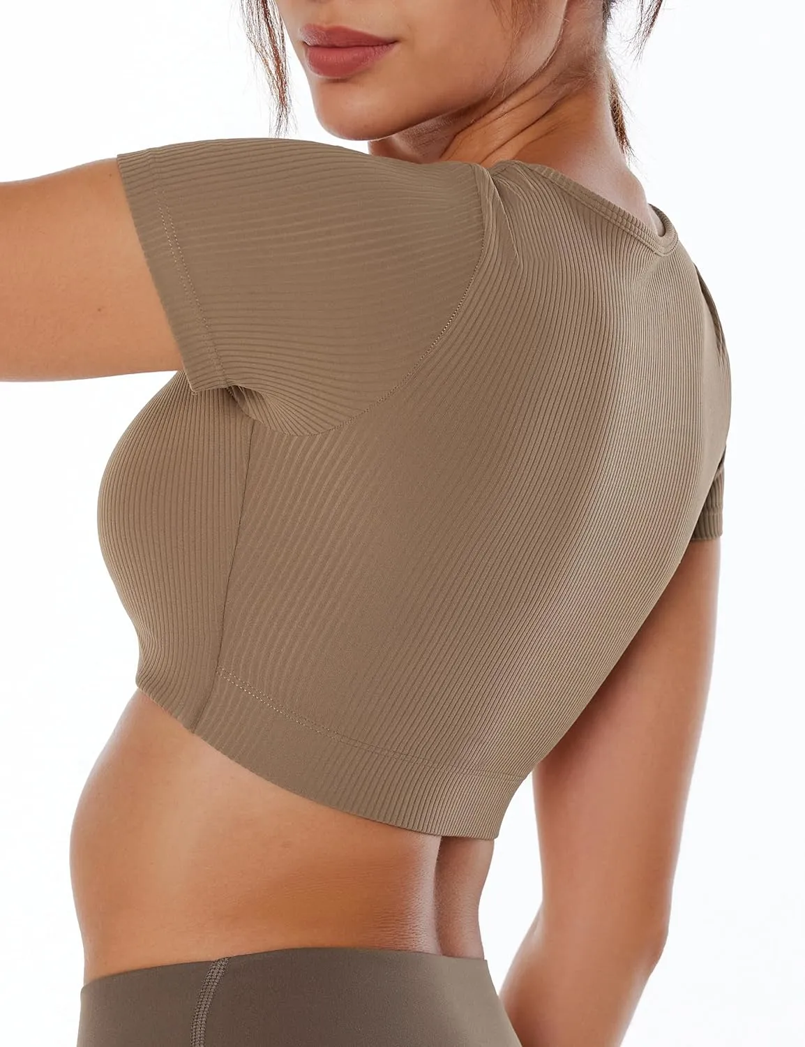 Women's Workout Crop Tops Yoga Short Sleeve Ribbed Fitted Mild Support Cream Feeling T Shirts Built in Bra