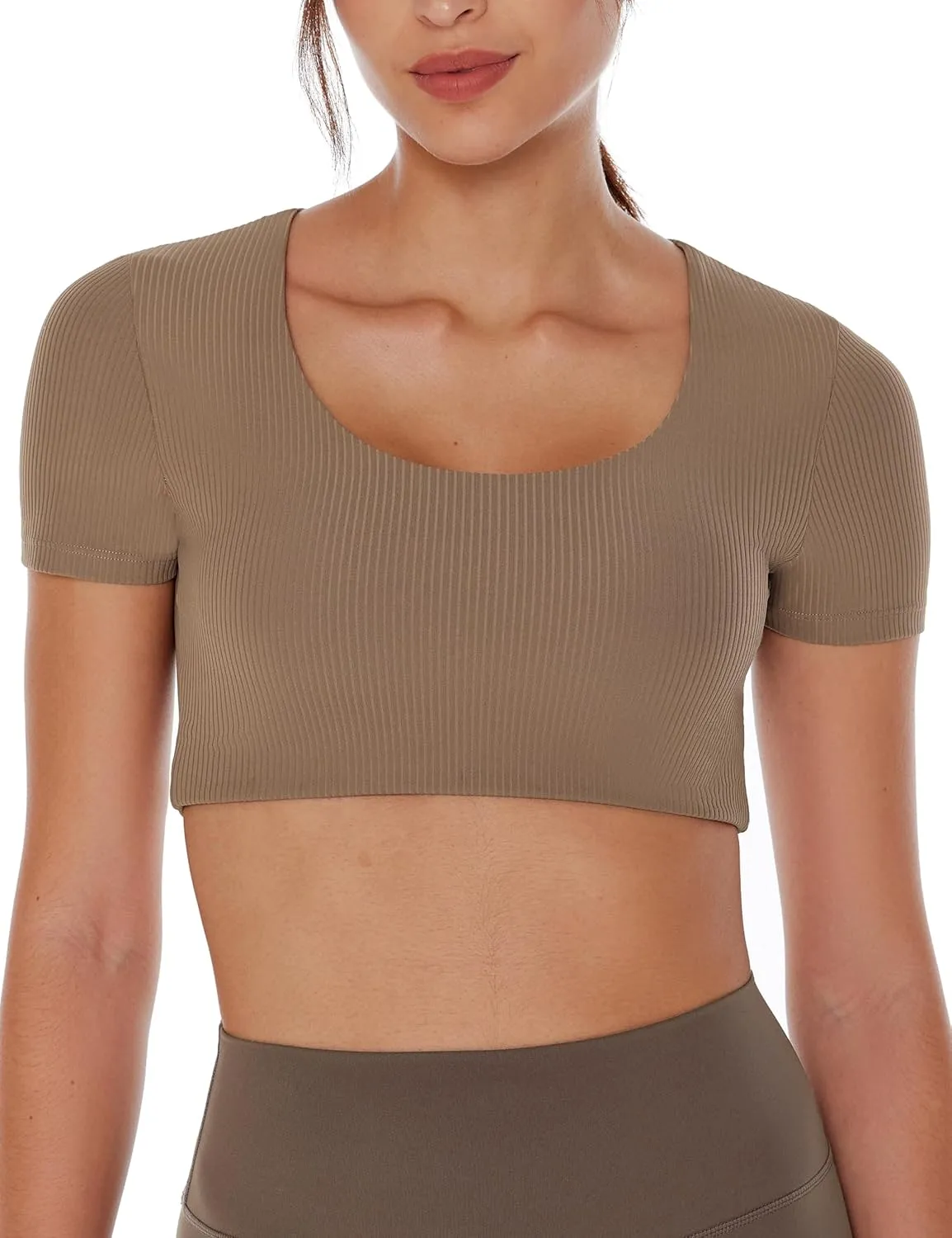 Women's Workout Crop Tops Yoga Short Sleeve Ribbed Fitted Mild Support Cream Feeling T Shirts Built in Bra
