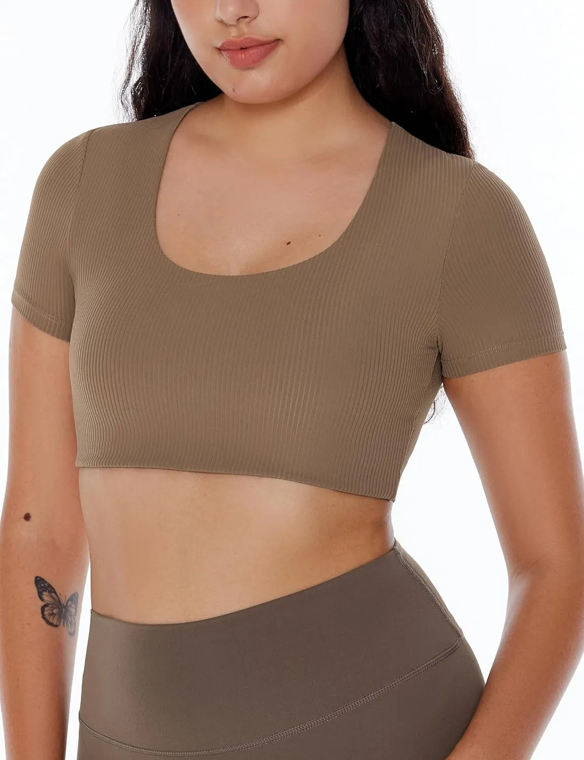Women's Workout Crop Tops Yoga Short Sleeve Ribbed Fitted Mild Support Cream Feeling T Shirts Built in Bra