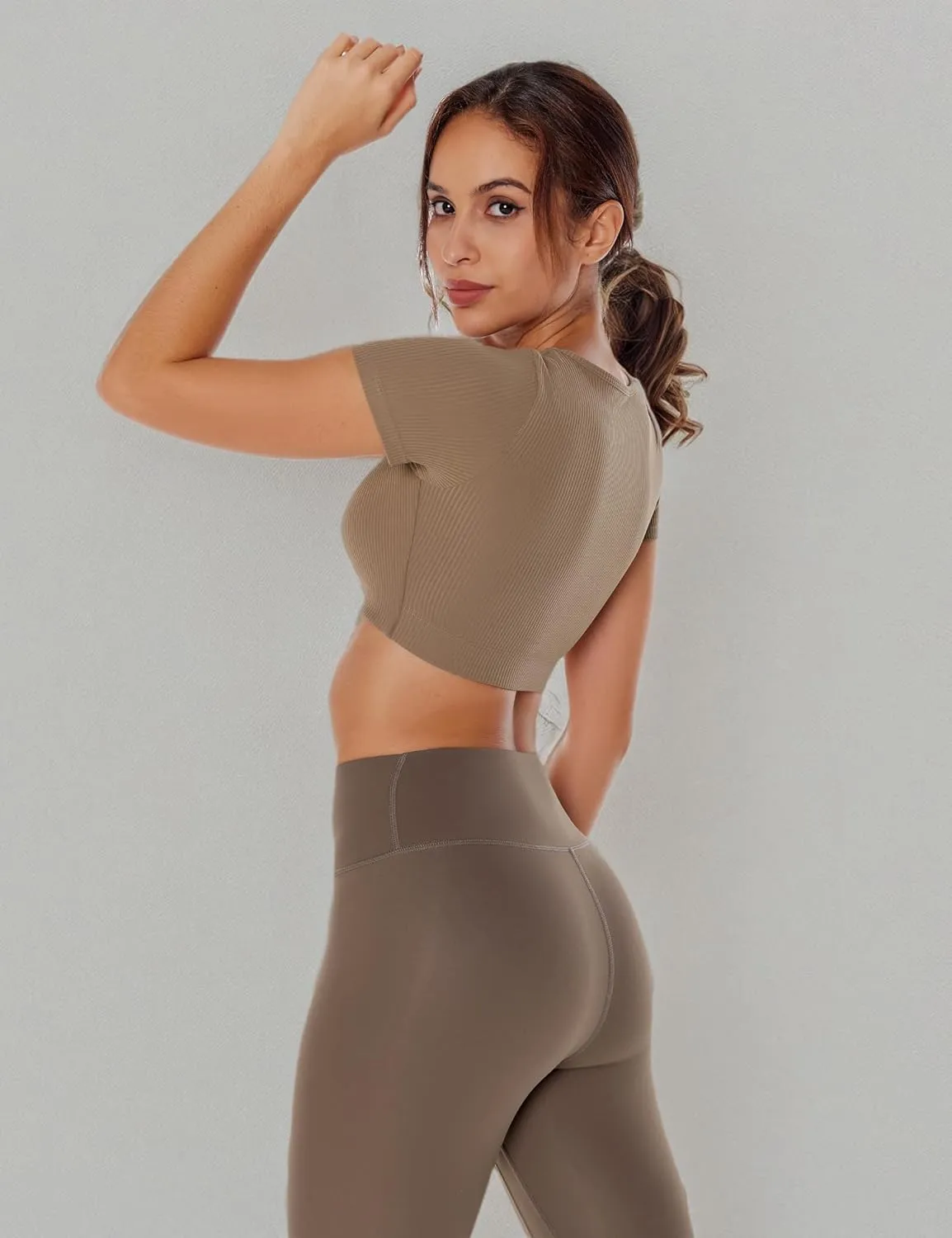 Women's Workout Crop Tops Yoga Short Sleeve Ribbed Fitted Mild Support Cream Feeling T Shirts Built in Bra