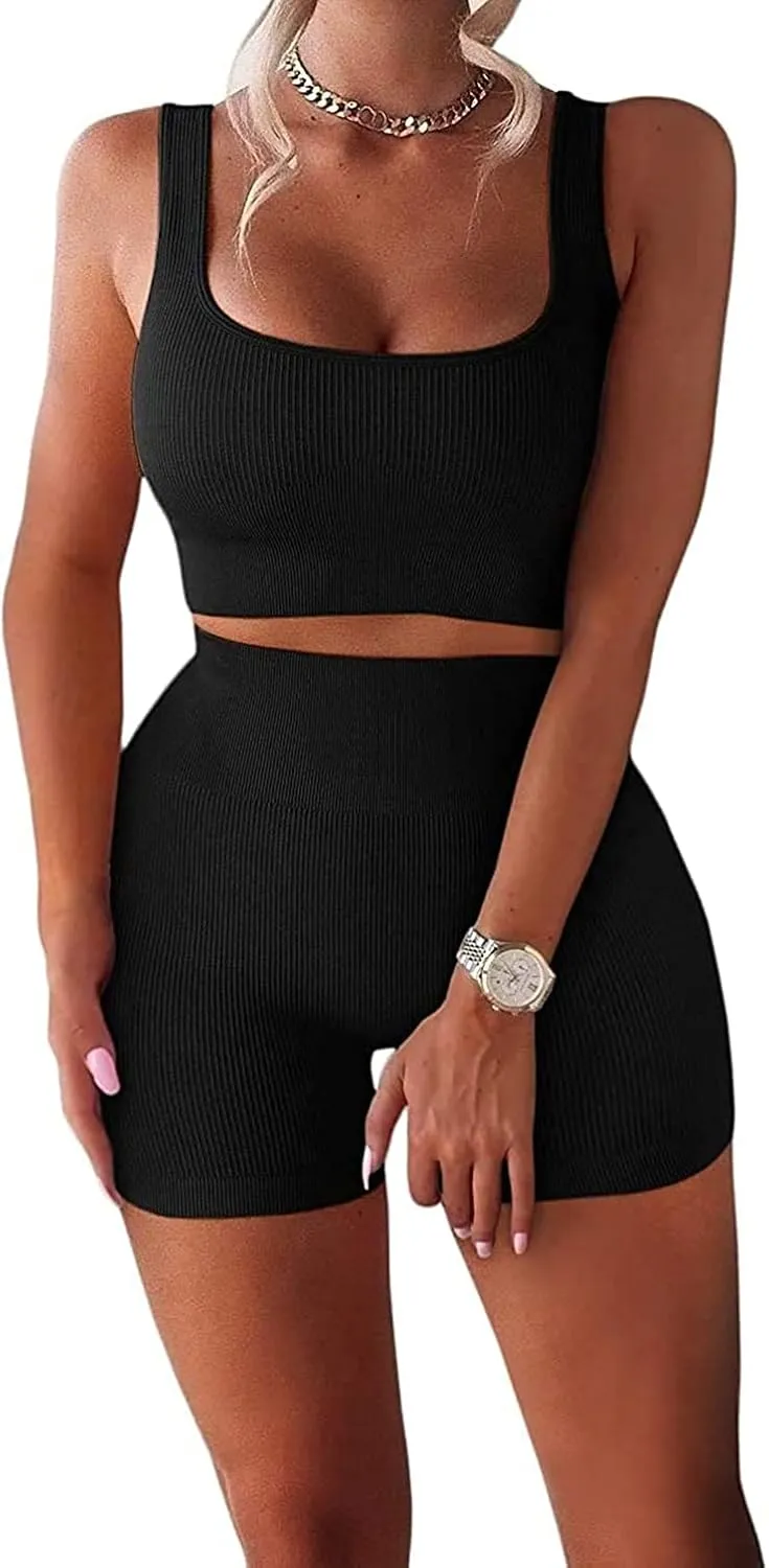 Women's Workout Outfits Ribbed Tank 2 Piece Seamless High Waist Gym Outfit Yoga Shorts Leggings Sets