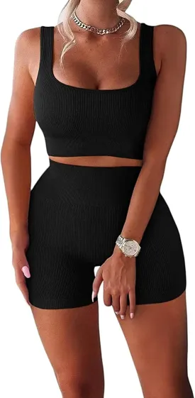 Women's Workout Outfits Ribbed Tank 2 Piece Seamless High Waist Gym Outfit Yoga Shorts Leggings Sets