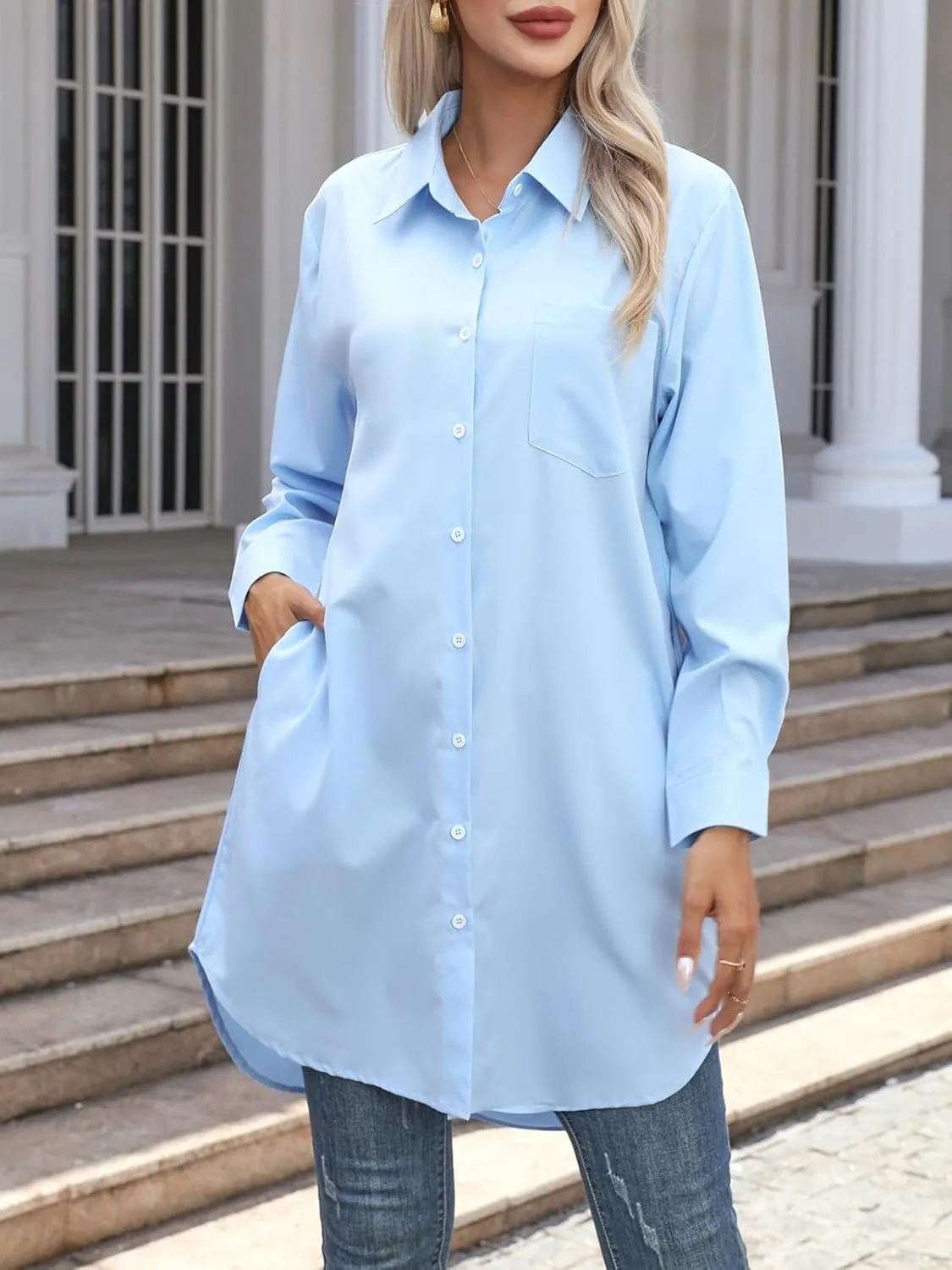 Wowcarbazole Womens Button Down Shirt Dresses Casual Long Sleeve Collared Shirts Oversized Blouse Tops with Pocket