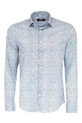 WSS Blue Floral Patterned Slim Fit White Men Shirt  - Singen