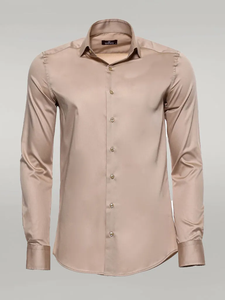 WSS Cotton Satin Plain Long Sleeves Slim Fit Beige Men Shirt  - Singen