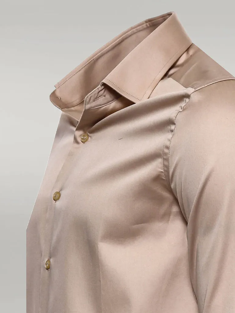 WSS Cotton Satin Plain Long Sleeves Slim Fit Beige Men Shirt  - Singen