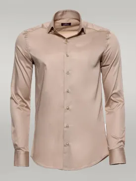 WSS Cotton Satin Plain Long Sleeves Slim Fit Beige Men Shirt  - Singen