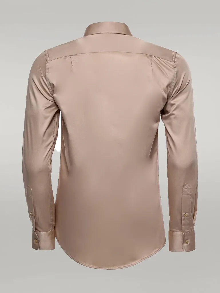WSS Cotton Satin Plain Long Sleeves Slim Fit Beige Men Shirt  - Singen