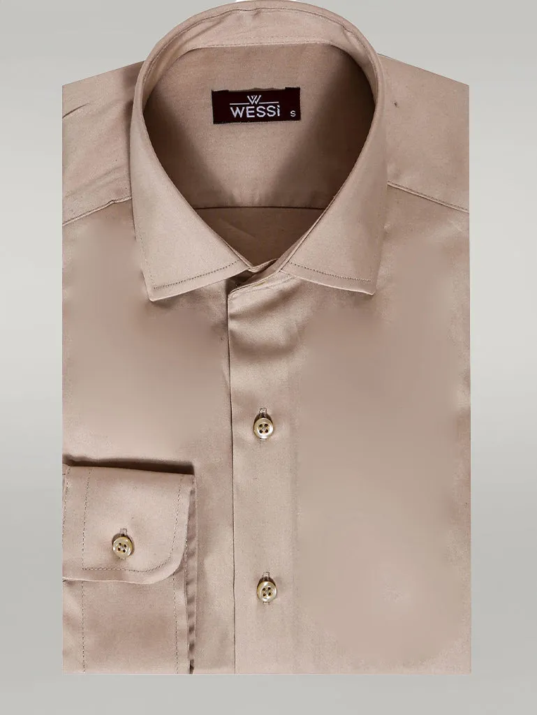WSS Cotton Satin Plain Long Sleeves Slim Fit Beige Men Shirt  - Singen