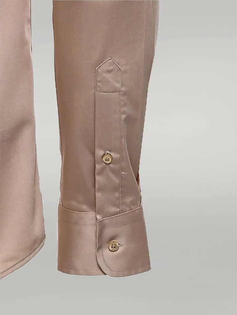 WSS Cotton Satin Plain Long Sleeves Slim Fit Beige Men Shirt  - Singen