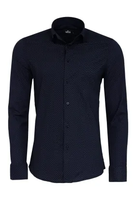 WSS Dark Blue Tiny Check Patterned Slim Fit Shirt  - Singen