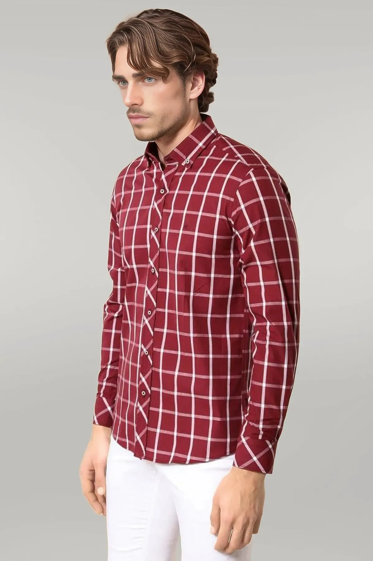 WSS Plaid Slim Fit Burgundy Shirt  - Singen