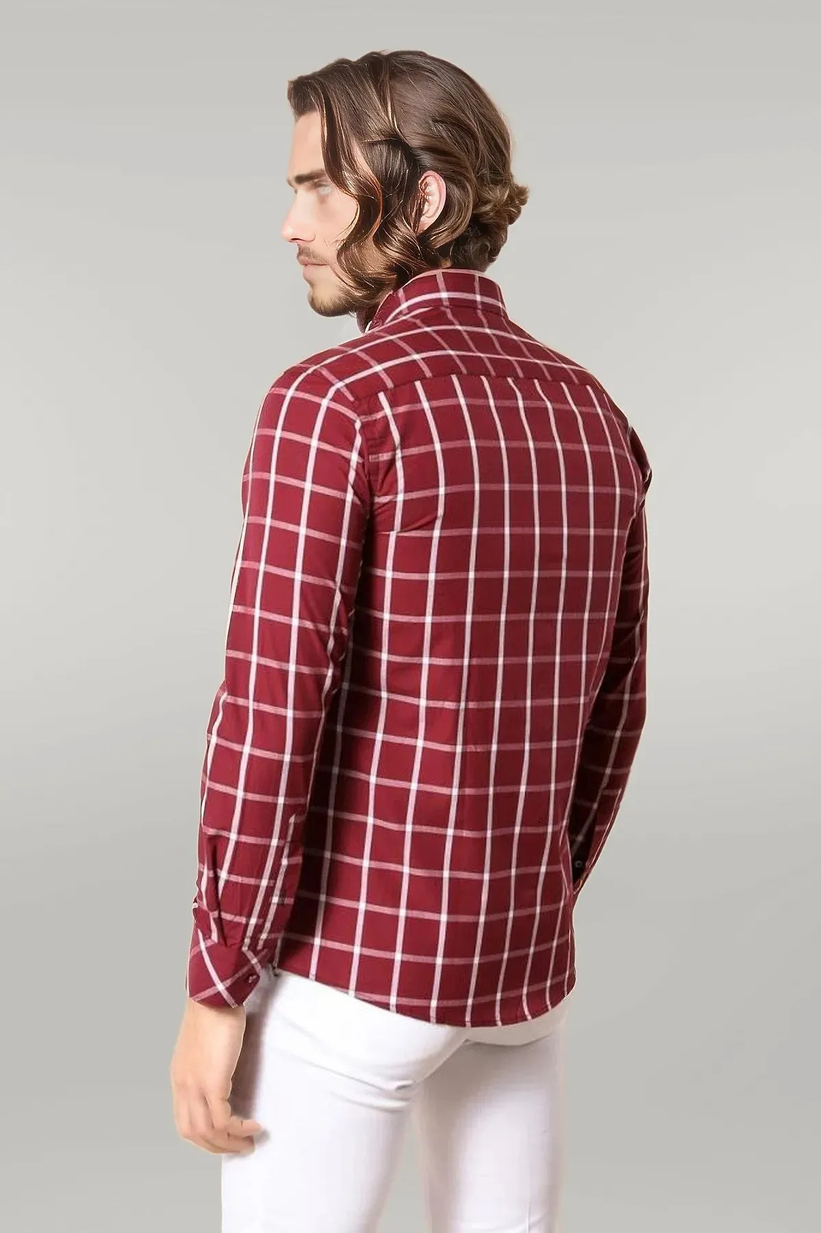 WSS Plaid Slim Fit Burgundy Shirt  - Singen
