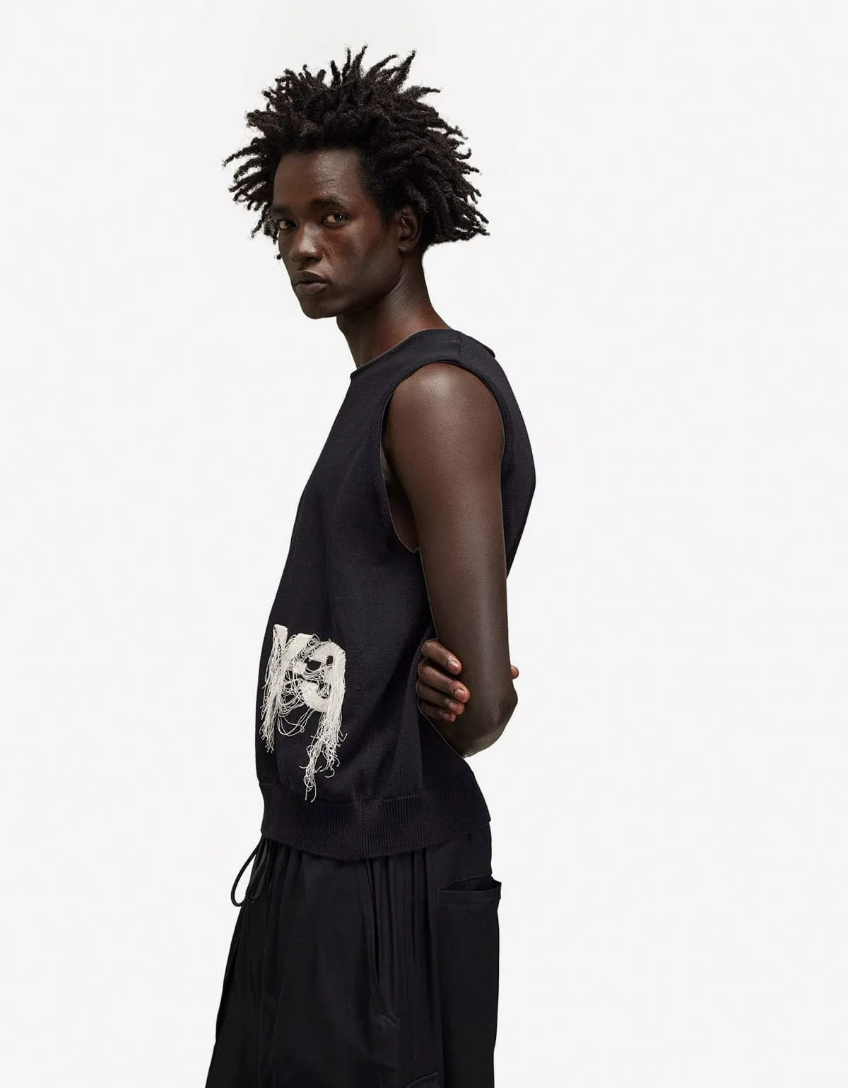 Y-3 Black Frayed Logo Knit Vest
