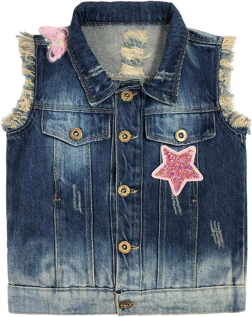 Yao Little Girls Denim Vest Spring Autumn Sequins Owl Vest Coat