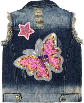 Yao Little Girls Denim Vest Spring Autumn Sequins Owl Vest Coat