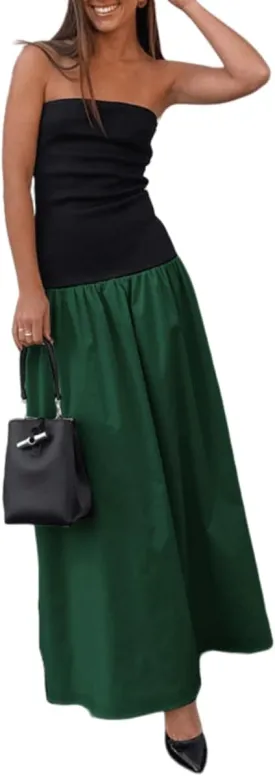 YOXUA Women's Summer Strapless Sleeveless Patchwork A-Line Tube Long Maxi Dress Off Shoulder Beach Maxi Dress